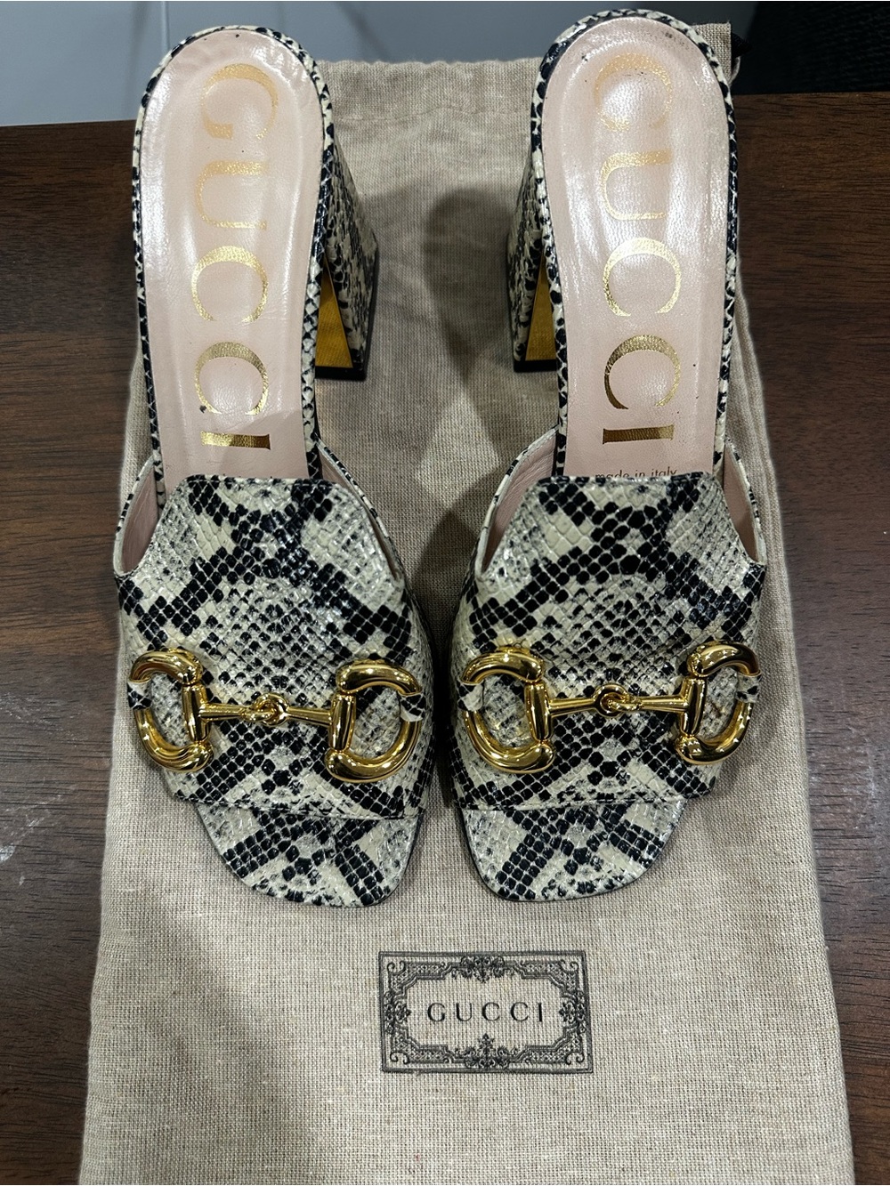 Vintage Gucci Tom Ford Era Snakeskin Horsebit Mule Heels 37.5
